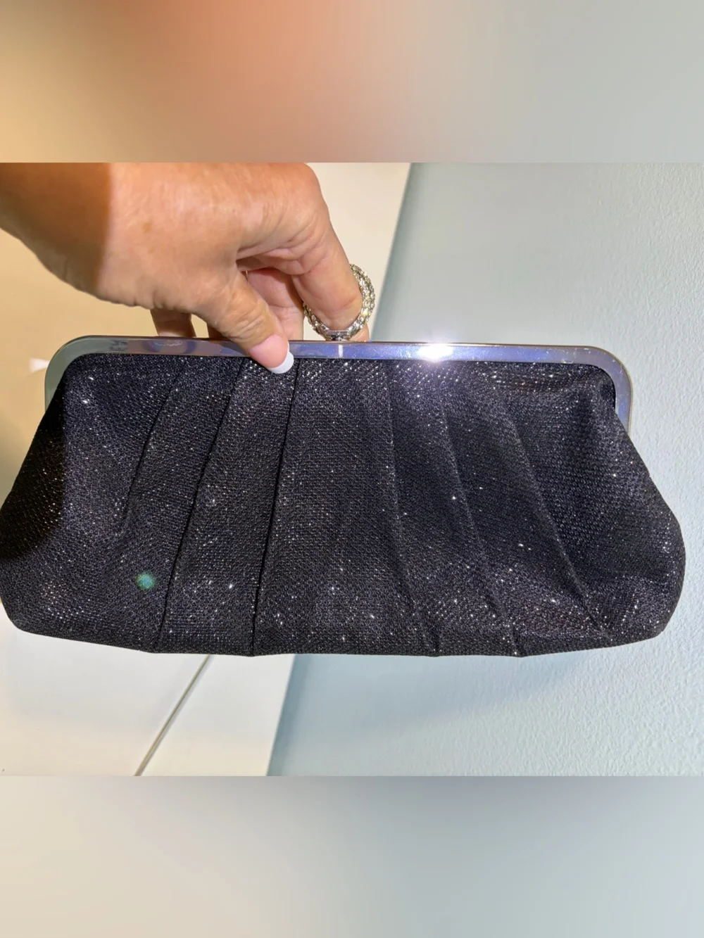 Jessica McClintock Sparkly Black Evening Clutch Rhinestone Finger Hold & Chain